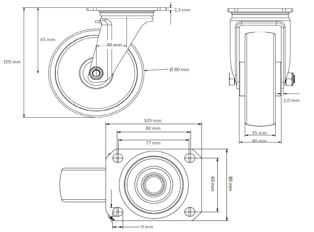 Rollensatz 2 Lenk- + 2 Bockrollen 80 mm Vollgummi schwarz-3