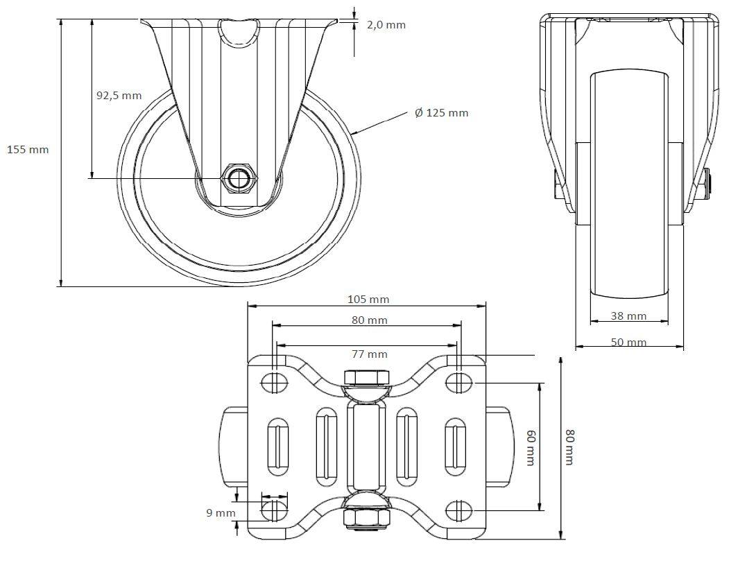 Rollensatz 2 Lenkrollen mit Feststeller + 2 Bockrollen 125 mm Vollgummi schwarz mit Stahlfelge-4