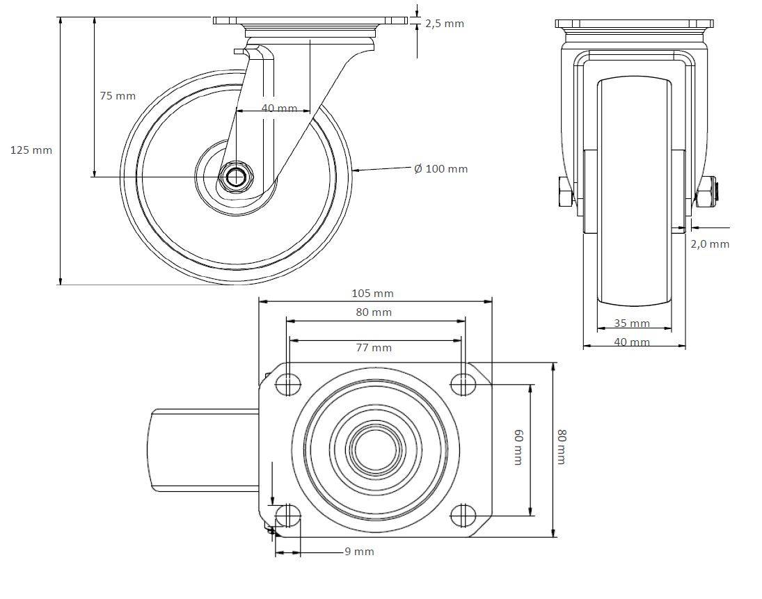 Rollensatz 2 Lenkrollen mit Feststeller + 2 Lenkrollen 100 mm Vollgummi schwarz-4