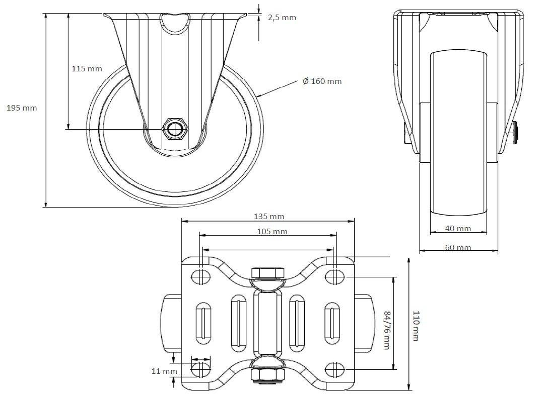 Rollensatz 2 Lenkrollen mit Feststeller + 2 Bockrollen 160 mm Thermoplastisches Gummi-4