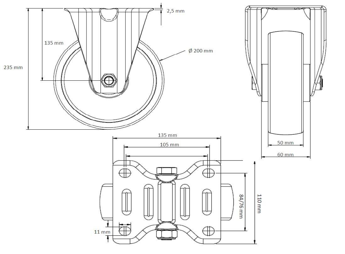 Rollensatz 2 Lenkrollen mit Feststeller + 2 Bockrollen 200 mm Thermoplastisches Gummi-0
