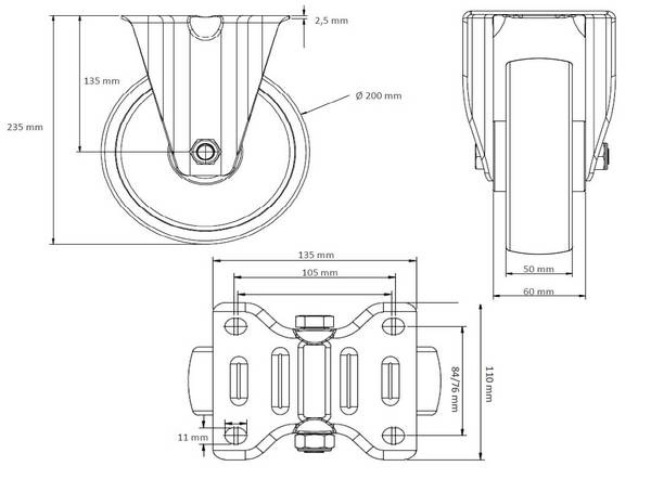 Rollensatz 2 Lenkrollen mit Feststeller + 2 Bockrollen 200 mm Thermoplastisches Gummi