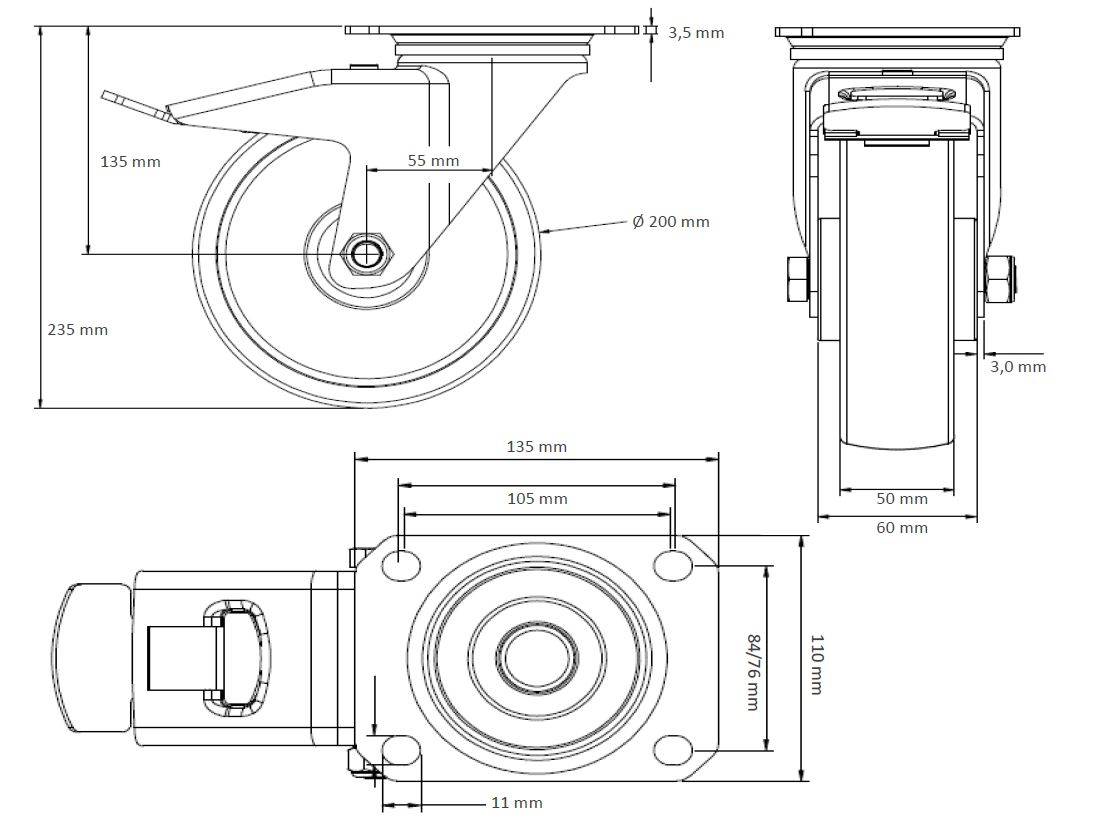 Rollensatz 2 Lenkrollen mit Feststeller + 2 Bockrollen 200 mm Thermoplastisches Gummi-1
