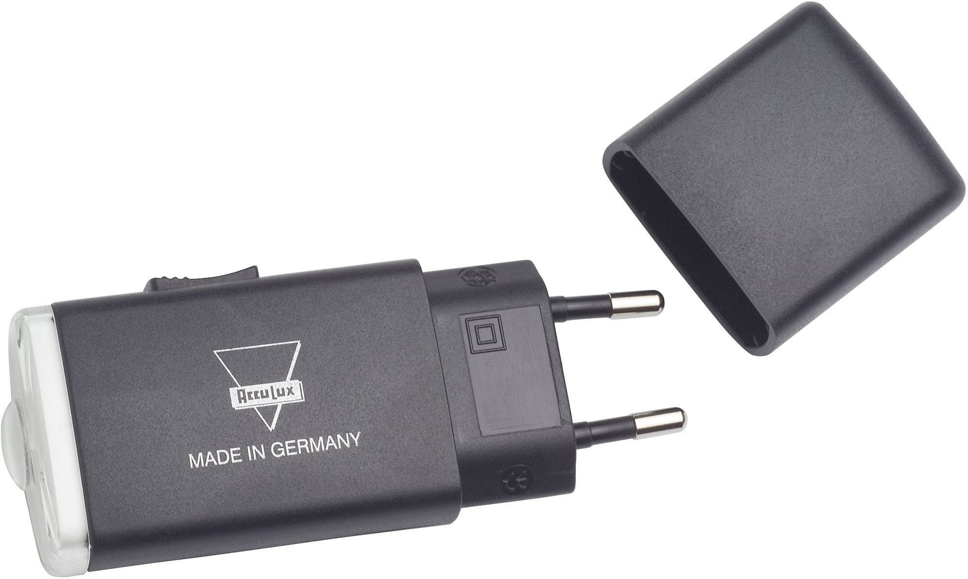 Ein schwarzer Steckerladegerät mit abgenommenem Deckel, zeigt die Aufschrift 'Made in Germany' und das AccuLux-Logo.