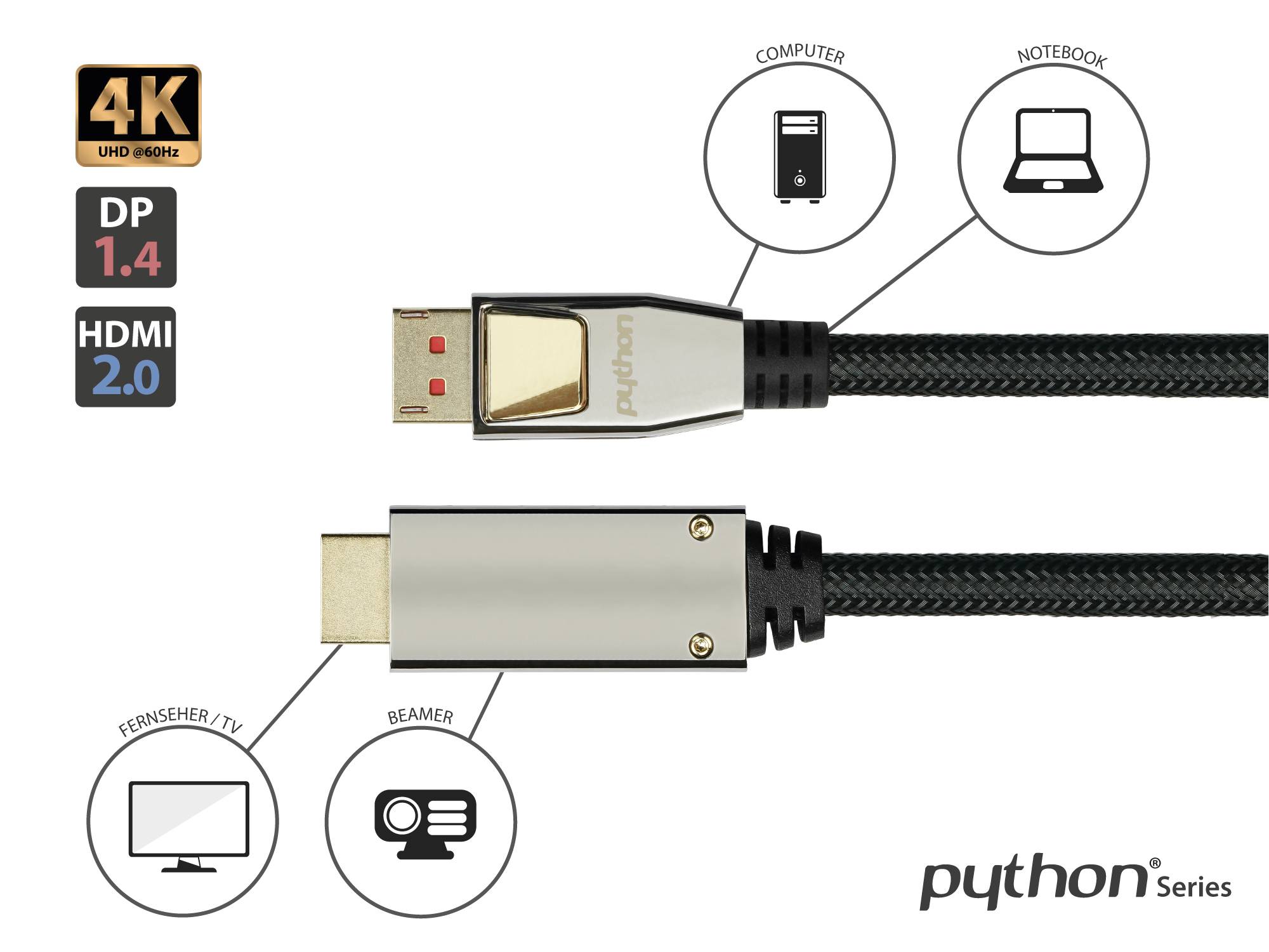 Anschlusskabel DisplayPort 1.4 an HDMI 2.0, vergoldete Kontakte, OFC, Nylongeflecht schwarz, 10m, PYTHON®-3