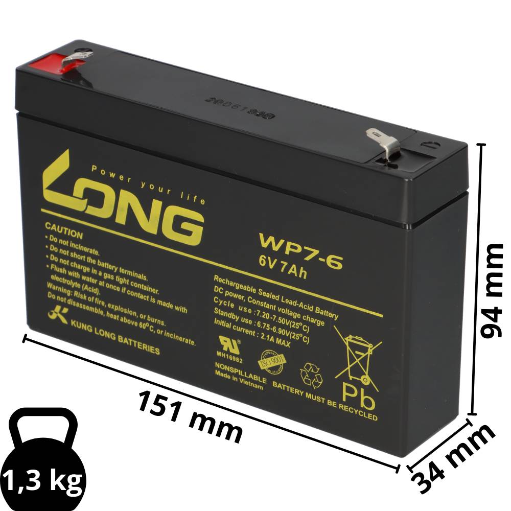 Kung Long WP7-6 6V 7Ah AGM Akku – passend für Panasonic LC-R067R2P-1