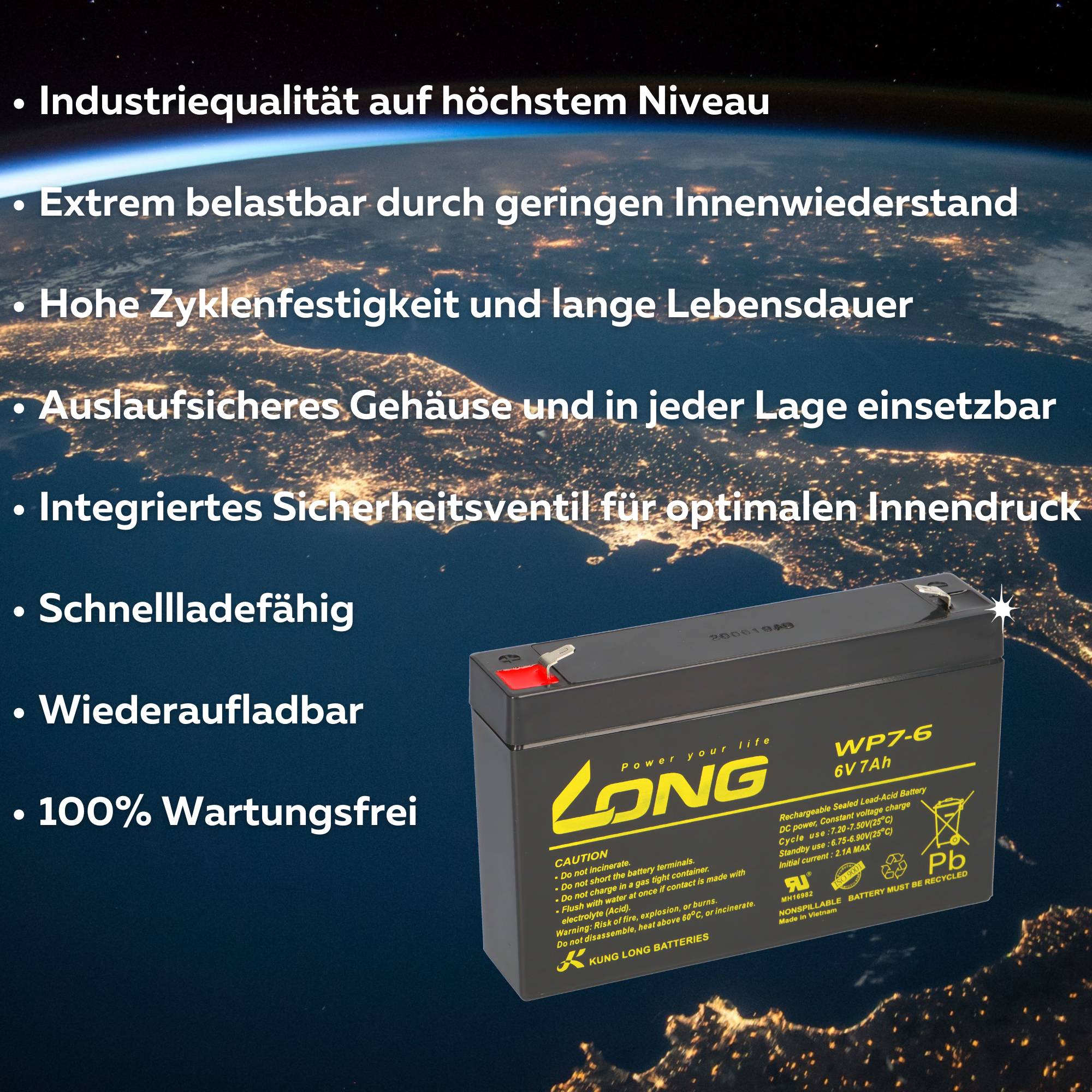 Kung Long WP7-6 6V 7Ah AGM Akku – passend für Panasonic LC-R067R2P-2