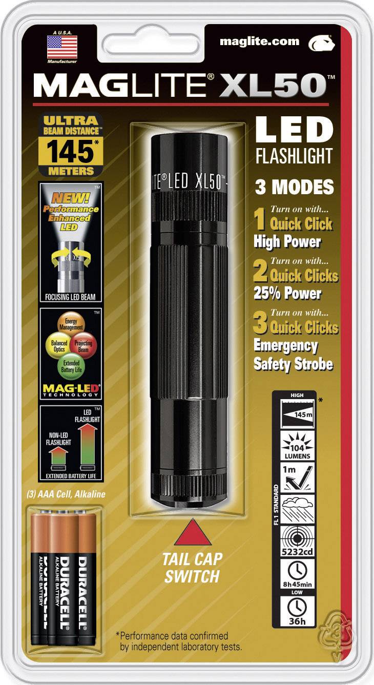 Maglite XL50 LED-Taschenlampe Verpackung: 145 Meter Leuchtweite, 3 Modi, Energietaste hinten, inklusive Duracell-Batterien.