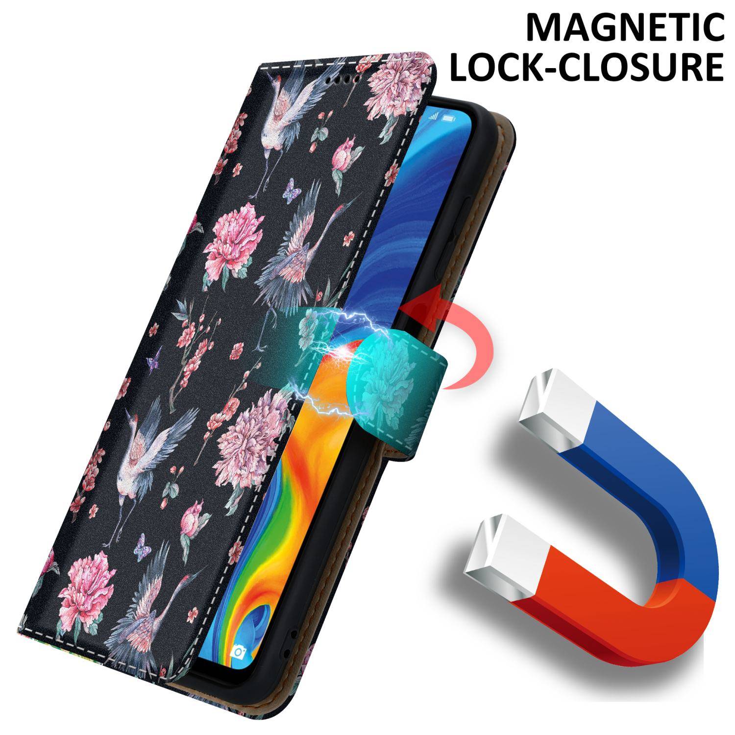 Cadorabo Schutzhülle für Huawei P30 LITE Hülle Design Schwarz Handyhülle Schutzhülle Etui Magnetisch Case Cover-3