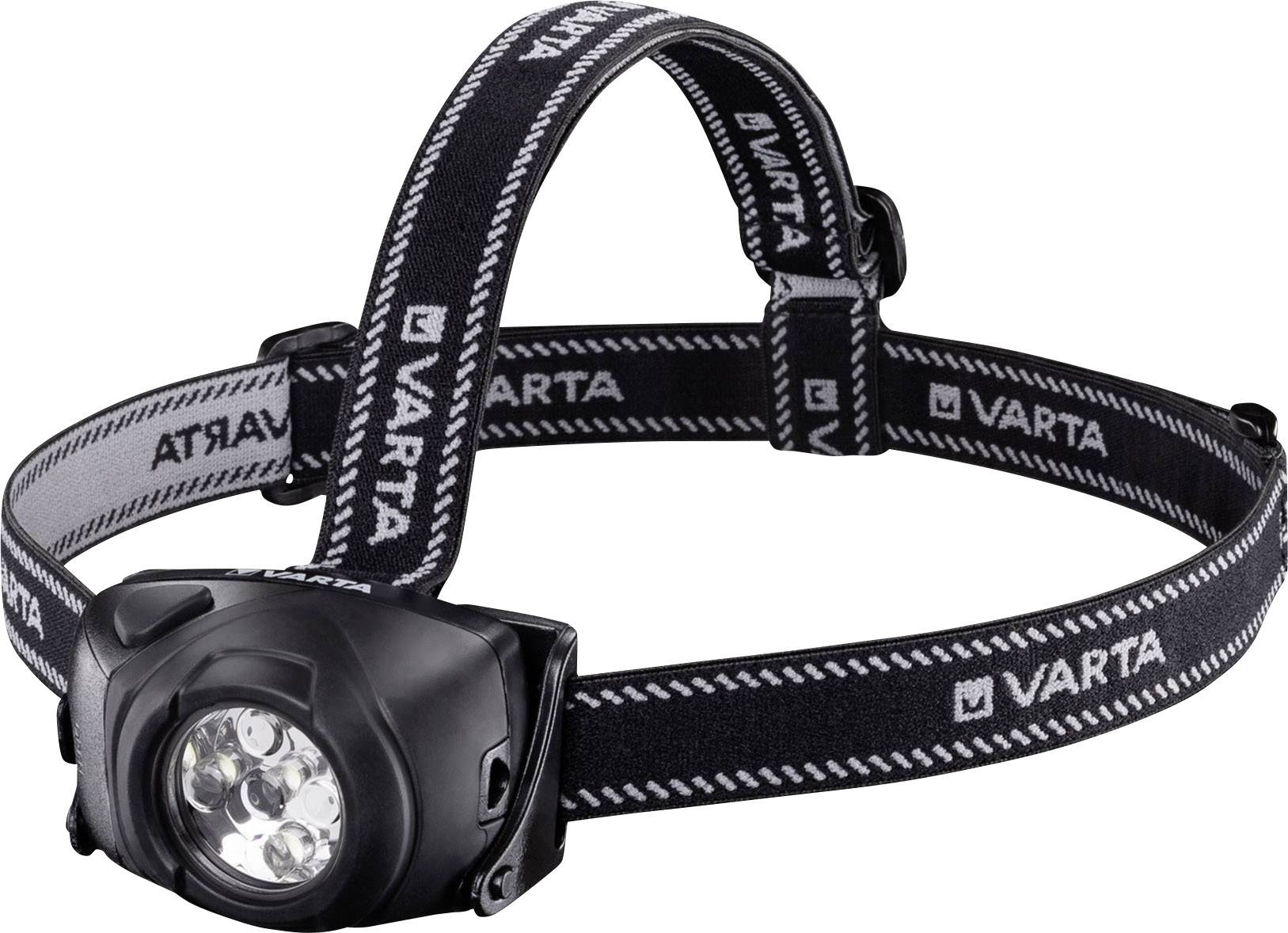 Schwarz-weiße Kopflampe von VARTA mit elastischem, verstellbarem Stirnband. Enthält mehrere LED-Leuchten für freihändiges Licht.