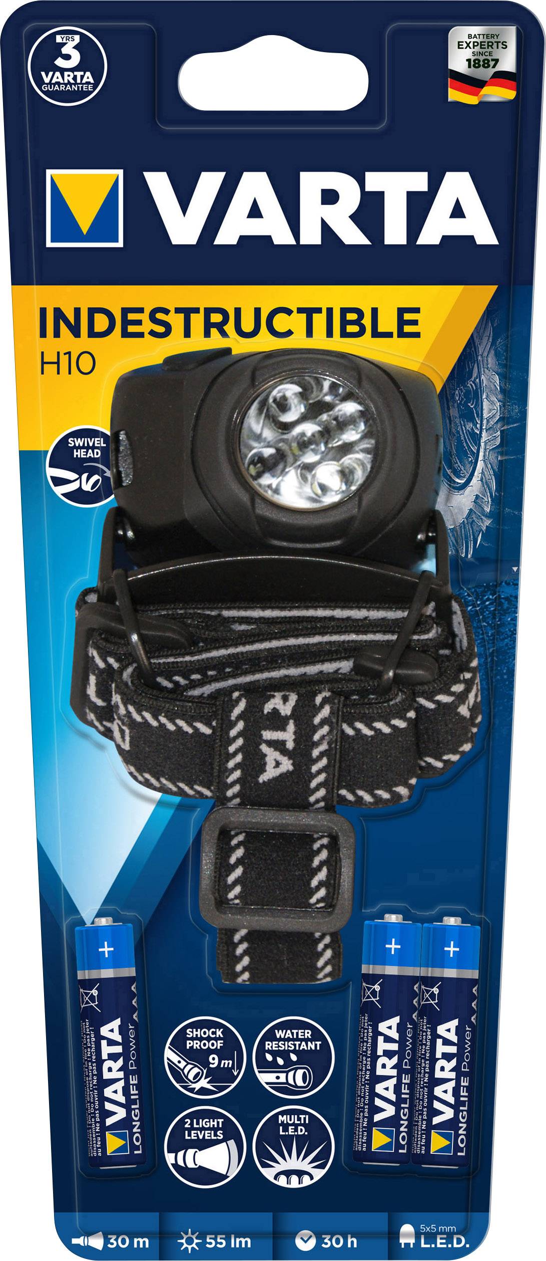 Verpackung einer VARTA Indestructible H10 Stirnlampe mit drei AA-Batterien. Schwarze Stirnlampe mit anpassbarem Band.