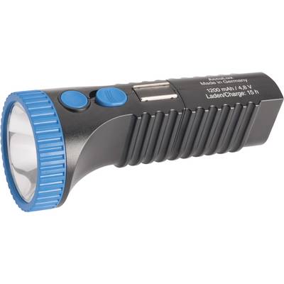 Schwarze Taschenlampe mit blauem Schalter und blauem Lampenkopf. Text zeigt: 'Made in Germany', '1200 mAh / 4.8V', 'Laden/Charge: 15 h'.