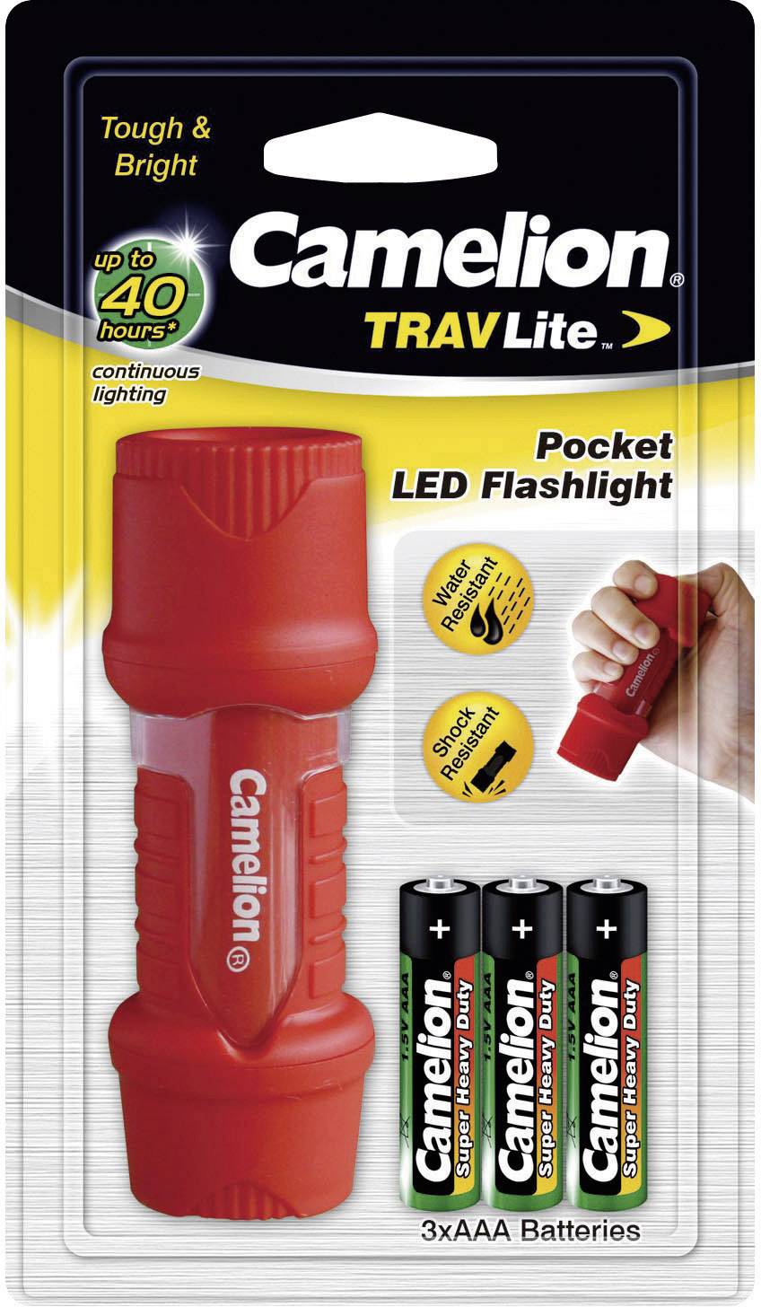 'Camelion TRAVLite' Taschenlampe in Rot mit drei AAA-Batterien, beschrieben als 'Tough & Bright' und 'up to 40 hours' Dauerlicht.