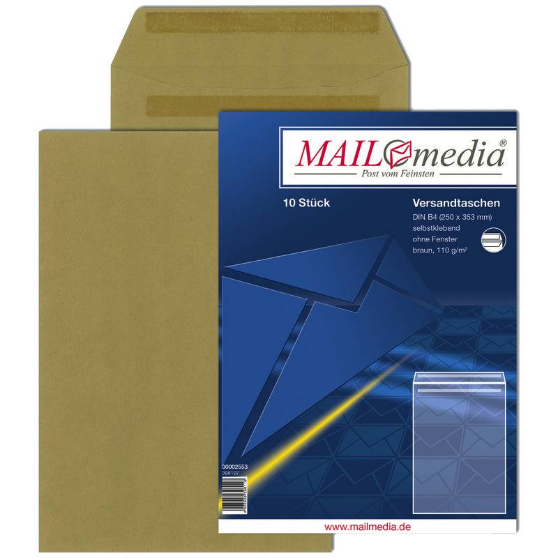 Versandtaschen DIN B4, 250 x 353 mm, selbstklebend, braun, 110 g/m², Pack: 10 St-0