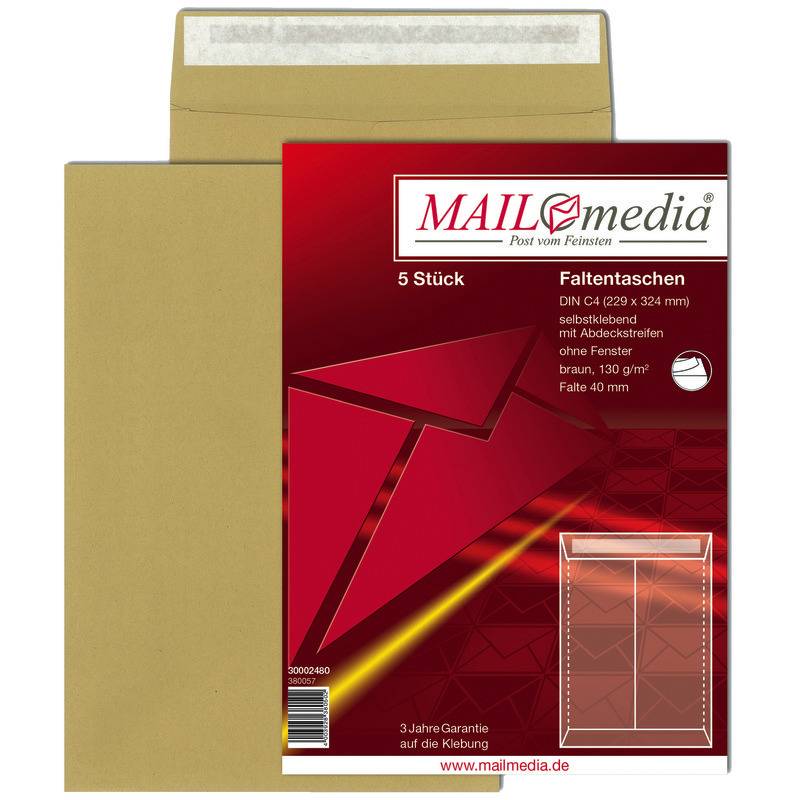 Faltentaschen DIN C4, 229 x 324 mm, haftklebend, braun, 130 g/m², 40 mm Falte, S