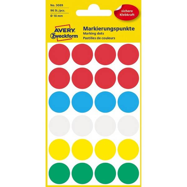 AVERY® Zweckform Markierungspunkte 3089, Ø 18 mm, 4 Bogen/96 Etiketten, mehrfarb