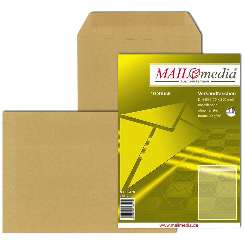 Versandtaschen DIN B5, 176 x 250 mm, nassklebend, braun, 90 g/m², Pack: 10 Stück