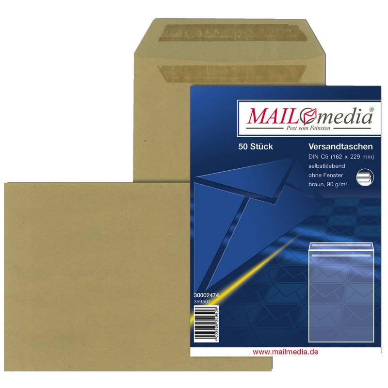 Versandtaschen DIN C5, 162 x 229 mm, selbstklebend, braun, 90 g/m², Pack: 50 Stü