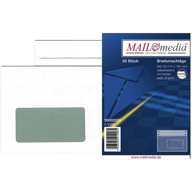 Briefumschlag DIN C6, 114 x 162 mm, selbstklebend, weiß, 75 g/m², mit Fenster 45-0
