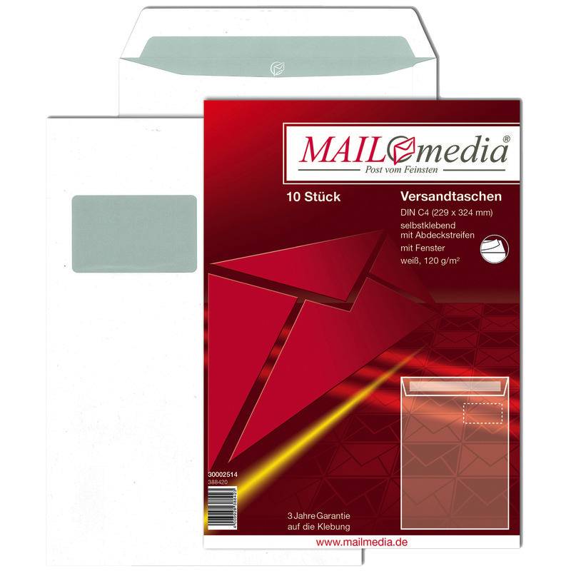 Versandtaschen DIN C4, 229 x 324 mm, haftklebend, weiß, 120 g/m², mit Fenster 55
