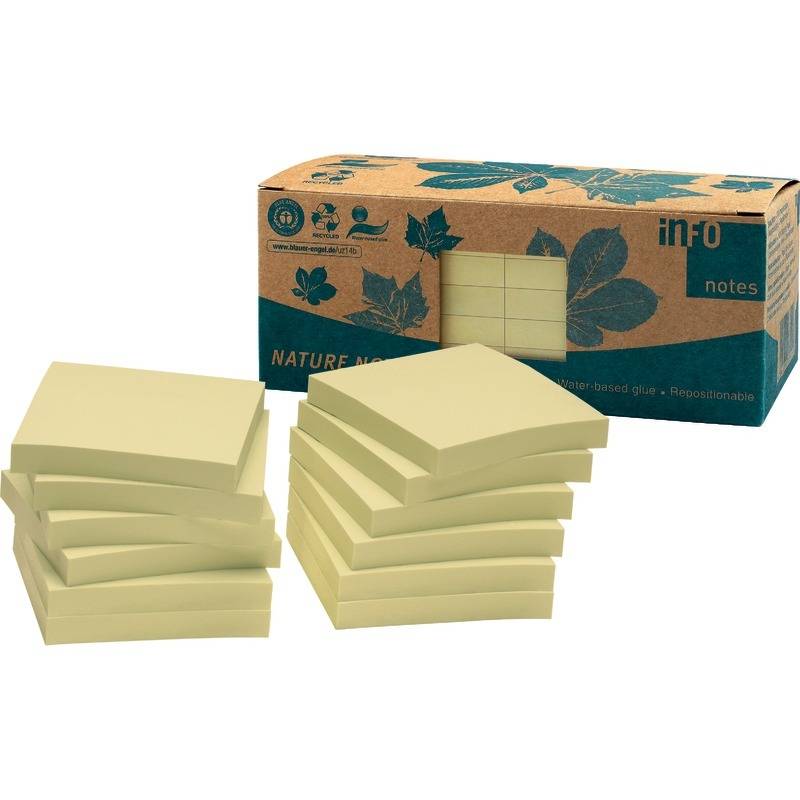 INFO NOTES Recycling Haftnotizen Nature Notes, gelb, 75 x 75 mm, 12 Blöcke à 100, gelb-2