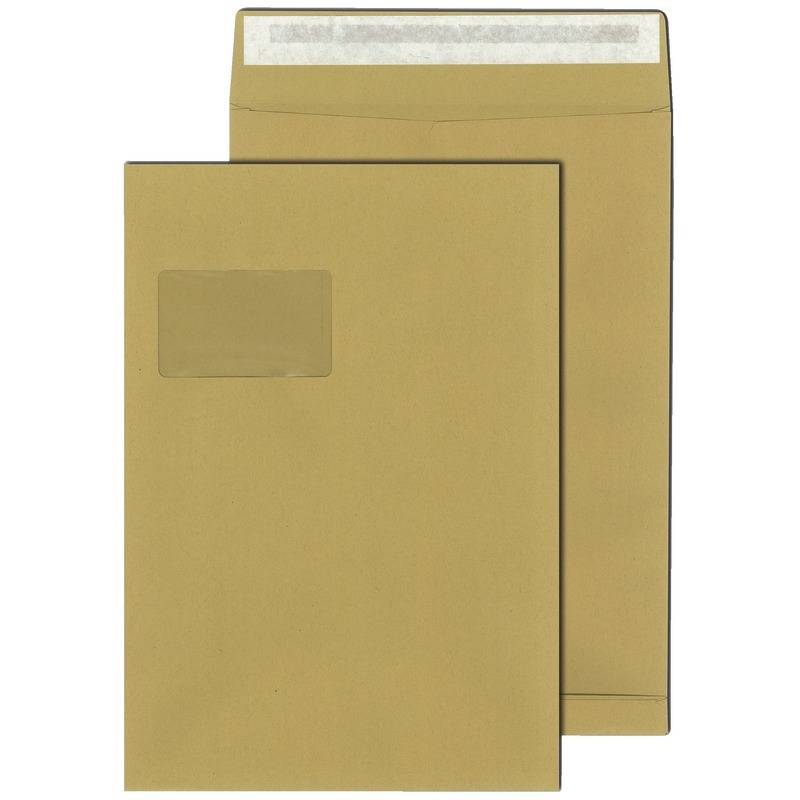 Faltentaschen DIN C4, 229 x 324 mm, haftklebend, braun, 120 g/m², mit Fenster 55