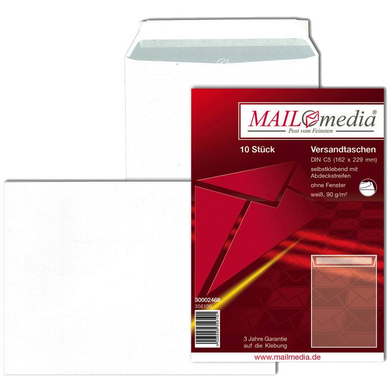 Versandtaschen DIN C5, 162 x 229 mm, haftklebend, weiß, 90 g/m², grauer Innendru