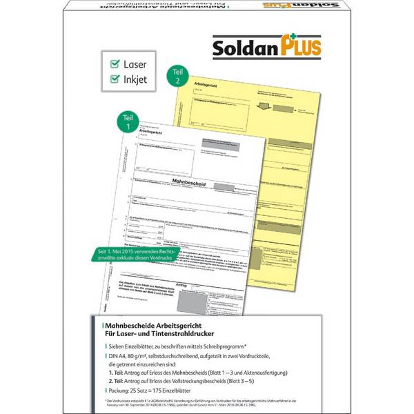 SoldanPlus Mahnbescheid Arbeitsgericht, für Laser- und Tintenstrahldrucker