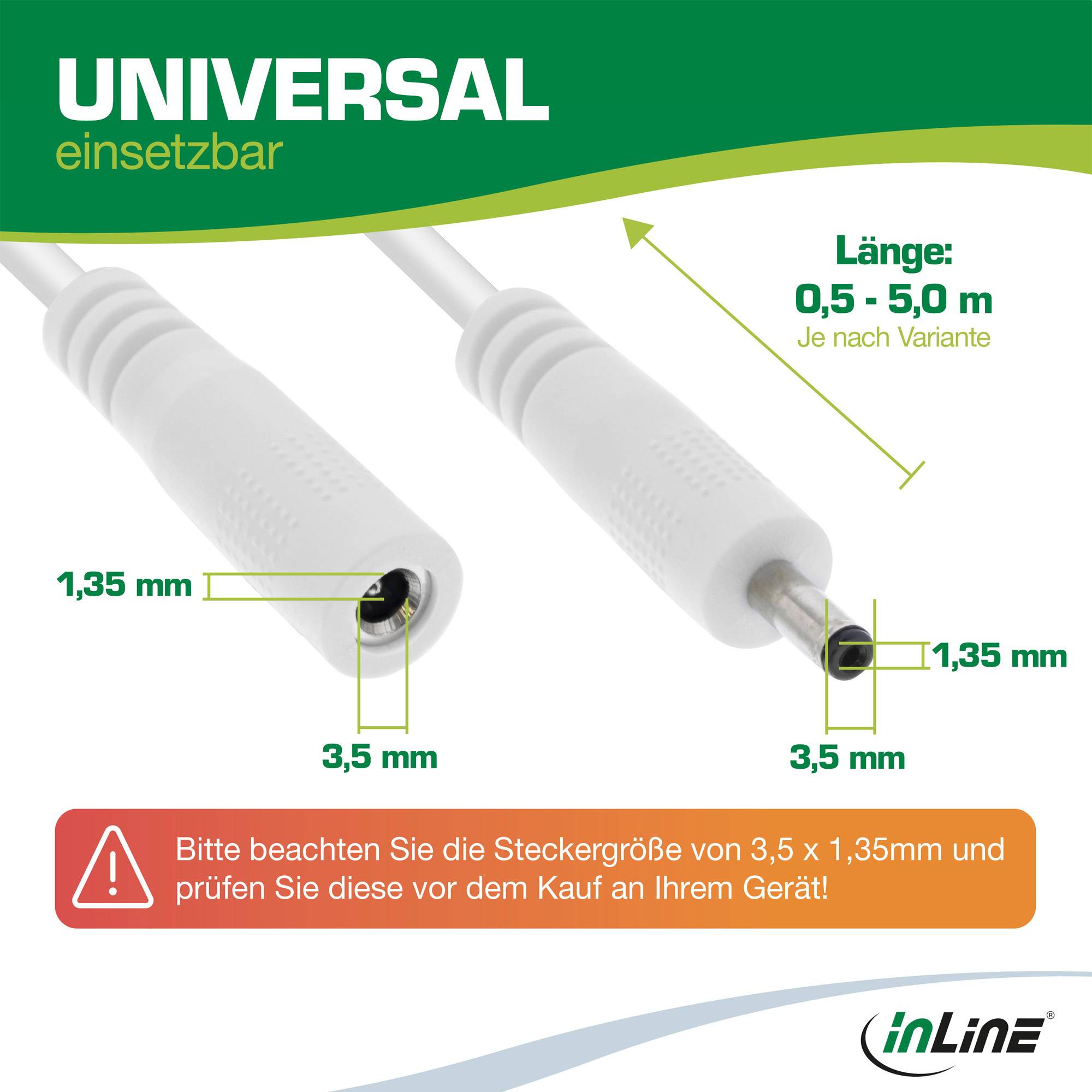 InLine® DC Verlängerungskabel, DC Stecker/Buchse 3,5x1,35mm, AWG 18, weiß 1m-2