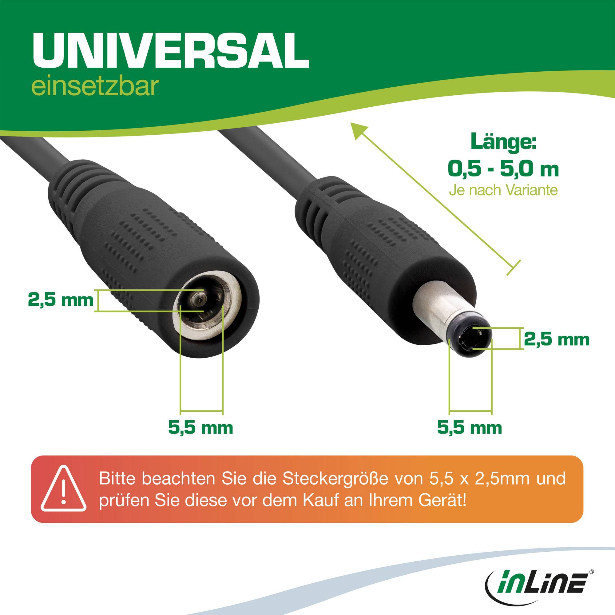 InLine® DC Verlängerungskabel, 5,5 x 2,5 mm, AWG 18, schwarz, 2 m-2