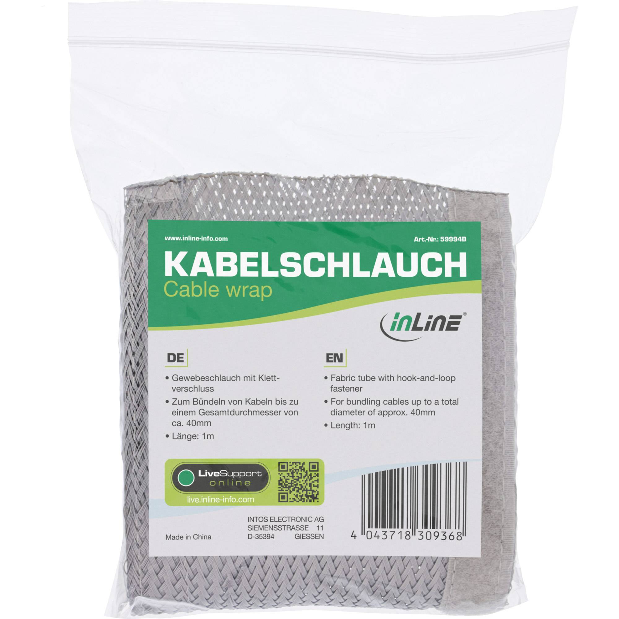 InLine® Kabelschlauch, Gewebeschlauch mit Klettverschluss, 1m x 40mm grau-2