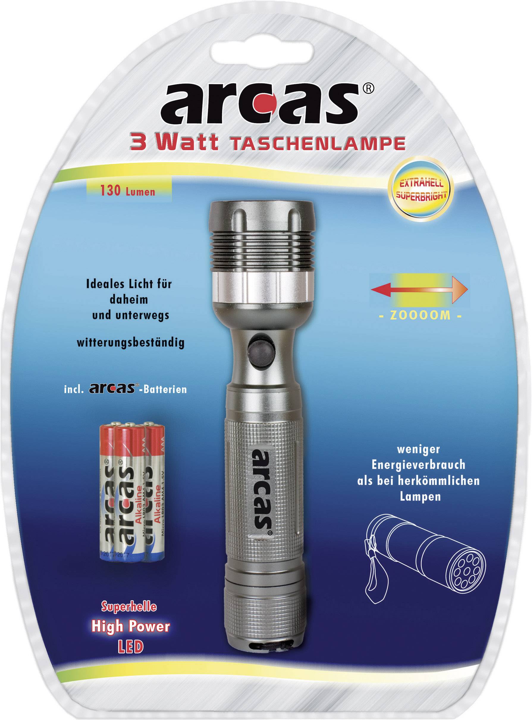 Verpackung einer 'arcas' 3-Watt-Taschenlampe. Enthält 130 Lumen, ideal für drinnen und draußen, inklusive Batterien, LED-Licht.