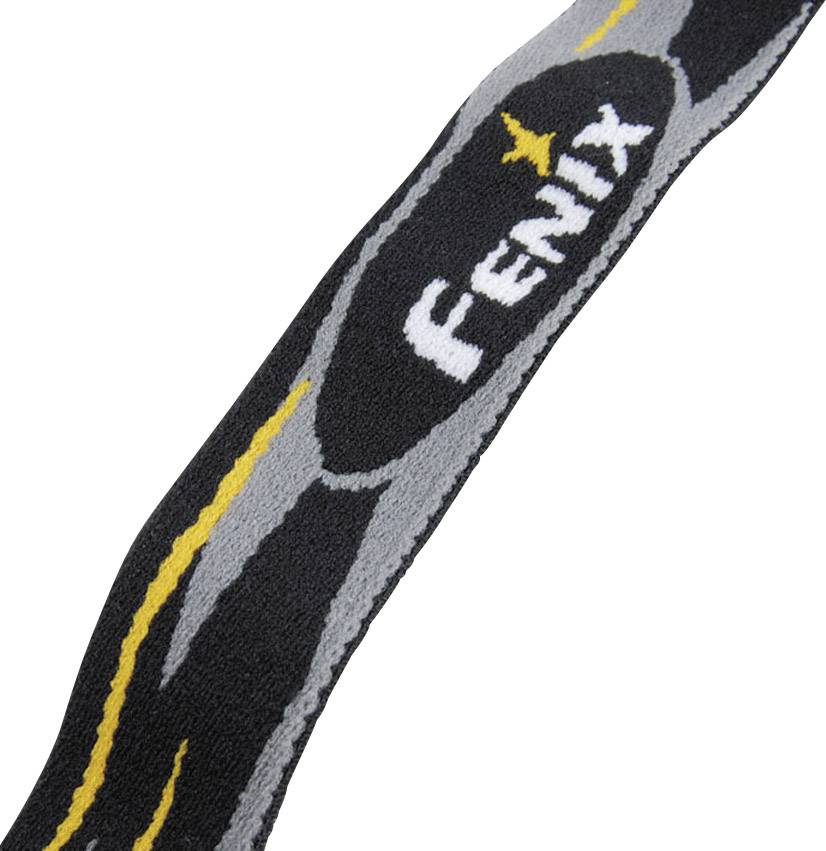 Schwarzes Stirnband mit grauen und gelben Details und dem weißen Schriftzug 'Fenix' in der Mitte.