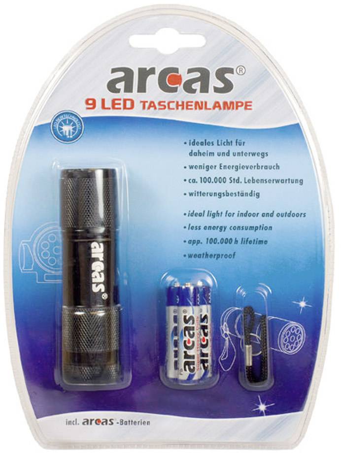 '9 LED Taschenlampe von Arcas in Verpackung. Enthält Taschenlampe und zwei Batterien. Geeignet für drinnen und draußen, wetterfest.'