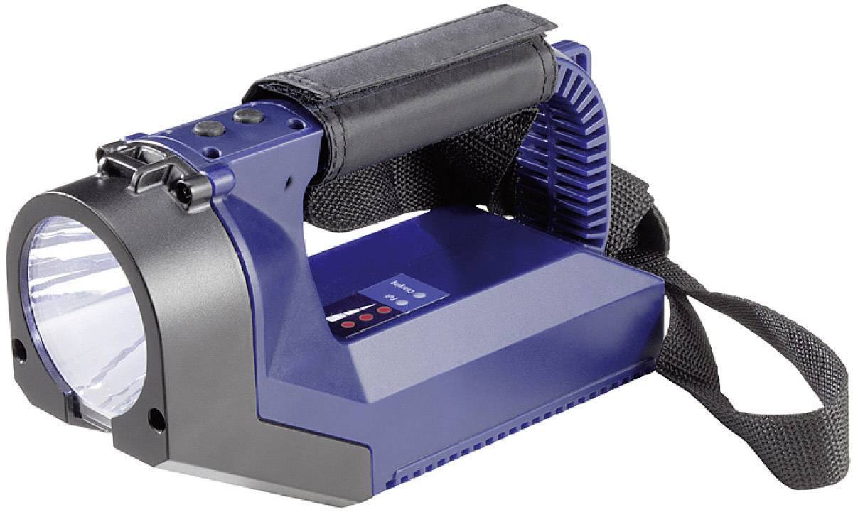 Tragbare blaue Taschenlampe mit einem großen Griff und einem Tragegurt, geeignet für den Einsatz im Freien oder bei Notfällen.