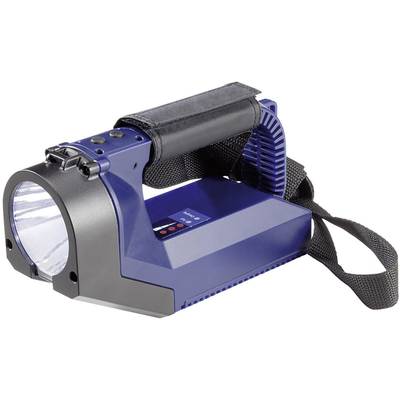Tragbare blaue Taschenlampe mit einem großen Griff und einem Tragegurt, geeignet für den Einsatz im Freien oder bei Notfällen.