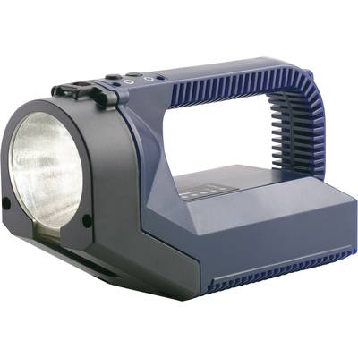 Blauer, tragbarer Handscheinwerfer mit großem Reflektor und seitlichem Griff, für Outdoor-Aktivitäten oder Notfallsituationen geeignet.