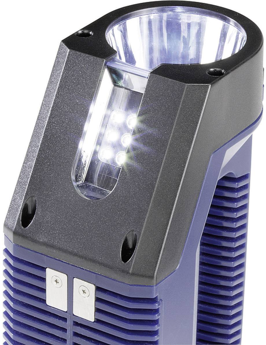 Tragbare blaue LED-Taschenlampe mit sechs Leuchten und einer schwarzen Halterung, geeignet für Outdoor-Aktivitäten.