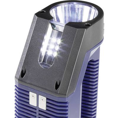 Tragbare blaue LED-Taschenlampe mit sechs Leuchten und einer schwarzen Halterung, geeignet für Outdoor-Aktivitäten.
