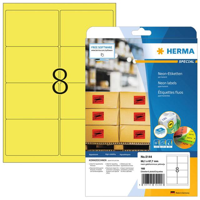 HERMA Special - Papier - matt - permanent selbstklebend - Leuchtendes Gelb - 99.1 x 67.7 mm 160 Etikett(en) (20 Bogen x-8