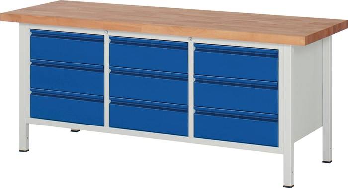 Werkbank, BxTxH 2000x700x840-1040 mm, Platte Buche 40 mm, 9 Schbladen 180 mm, RAL 7035/5010-0