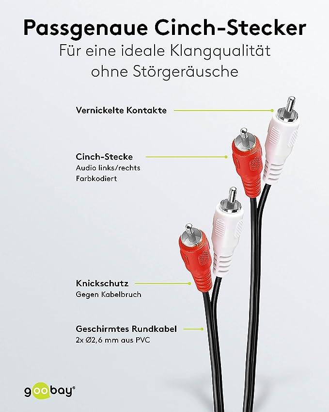 Goobay 50029 Stereo Cinchkabel / 2x Cinch-Stecker auf 2x Cinchstecker / RCA Hifi Subwoofer Kabel Cinch / Schwarz / 2,5m-3