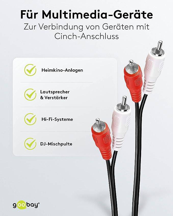 Goobay 50029 Stereo Cinchkabel / 2x Cinch-Stecker auf 2x Cinchstecker / RCA Hifi Subwoofer Kabel Cinch / Schwarz / 2,5m-4