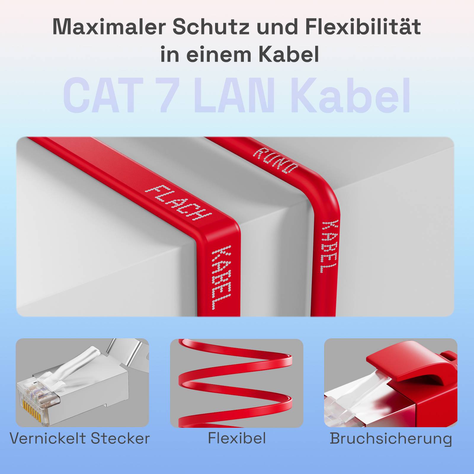 hb-digital Netzwerkkabel flach LAN Kabel CAT7 RJ45 U/FTP PVC 5m rot-3