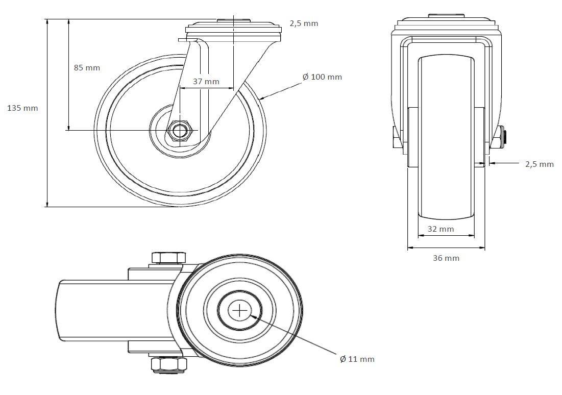 Lenkrolle mit Rückenloch 100 mm Thermoplastisches Gummi "Apparaterolle"-1