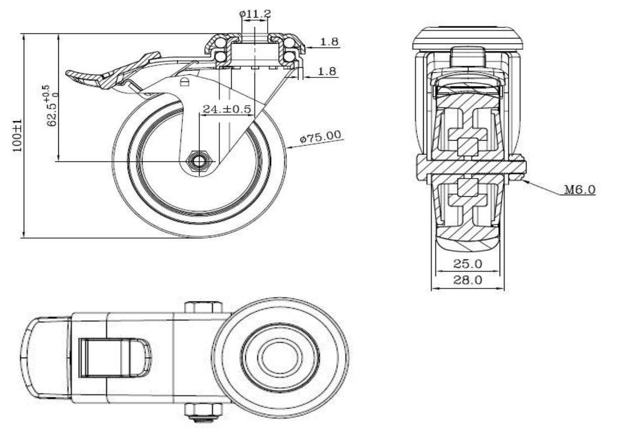 Lenkrolle mit Rückenloch und Feststeller 75 mm Thermoplastisches Gummi "Apparaterolle"-0