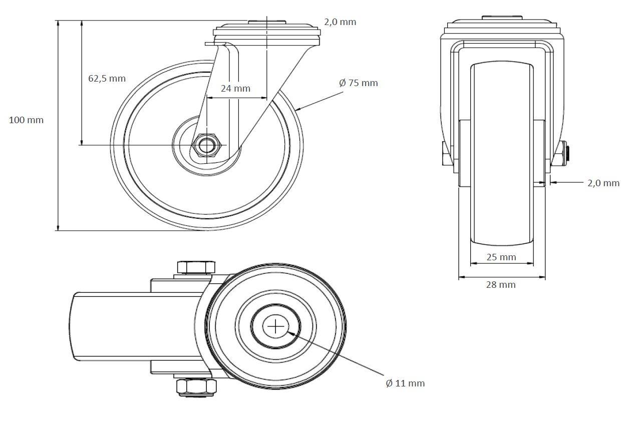Lenkrolle mit Rückenloch 75 mm Thermoplastisches Gummi "Apparaterolle"-1