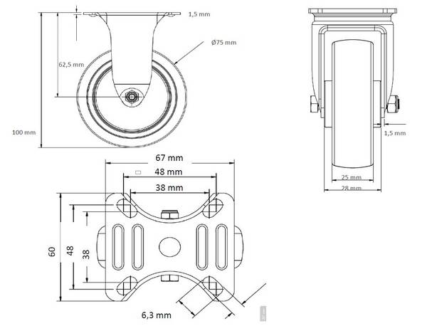 Bockrolle 75 mm Thermoplastisches Gummi "Apparaterolle"