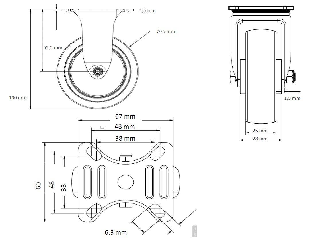 Bockrolle 75 mm Thermoplastisches Gummi "Apparaterolle"-0
