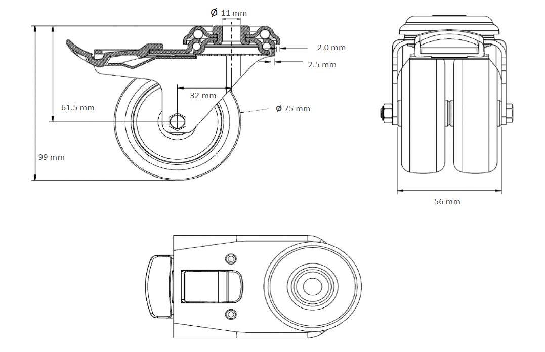 Lenkrolle mit Rückenloch und Feststeller 75 mm Thermoplastisches Gummi "Doppelrolle"-0